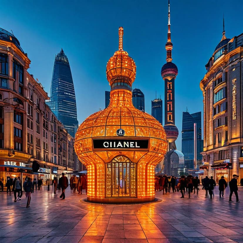 A glowing amber glass pavilion shaped like a CHANEL No.5 bottle stands in Shanghai