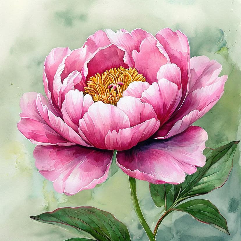 A soft pink peony blooms in watercolor