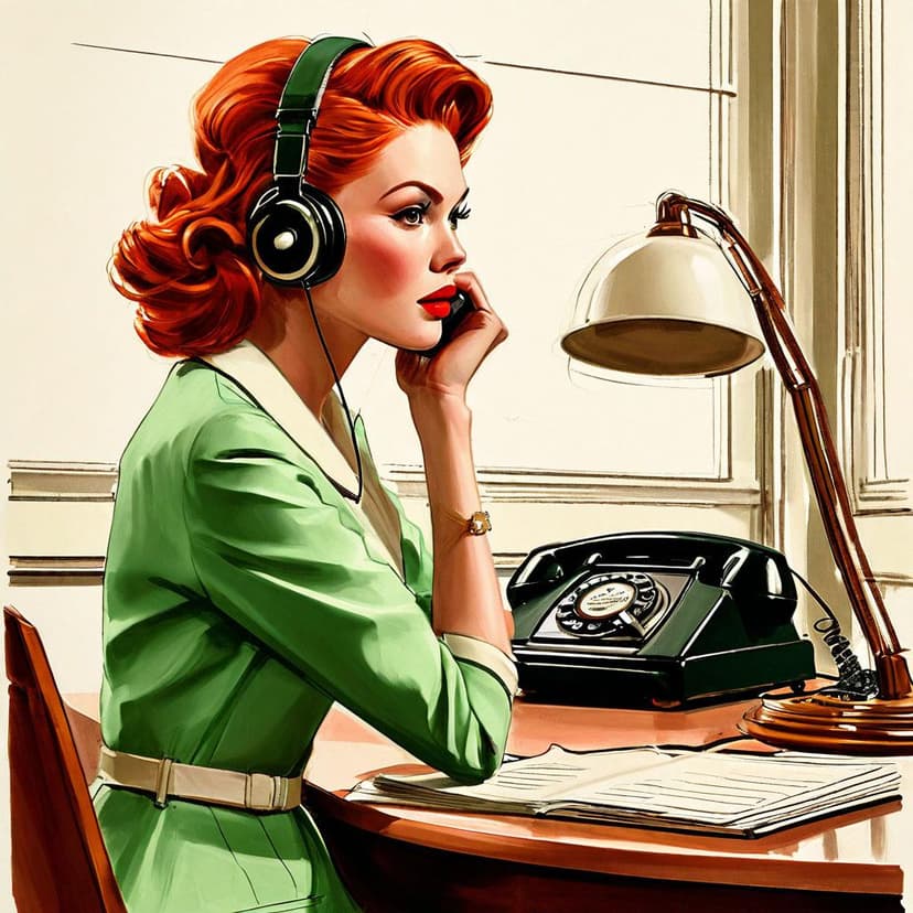 A 1961 fashion sketch: A redhead in spring green and cream answers a vintage phone at her mid-century desk. Sharp
