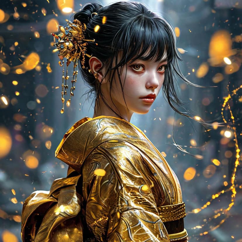 A golden-kimono anime girl moves