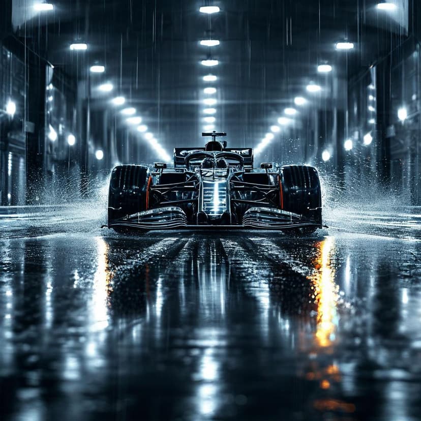 A quantum F1 car warps light into ribbons on a rain-slicked track