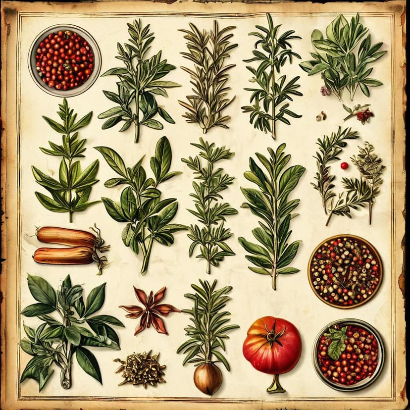 A vintage botanical illustration of kitchen spices