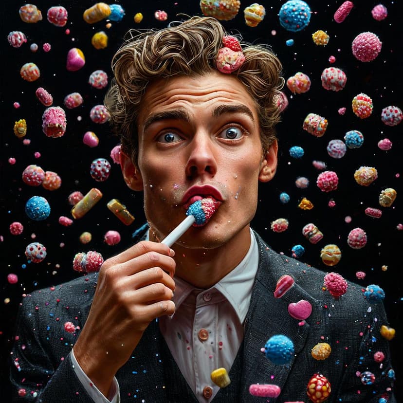 A sharp-dressed man playfully bites a deodorant stick