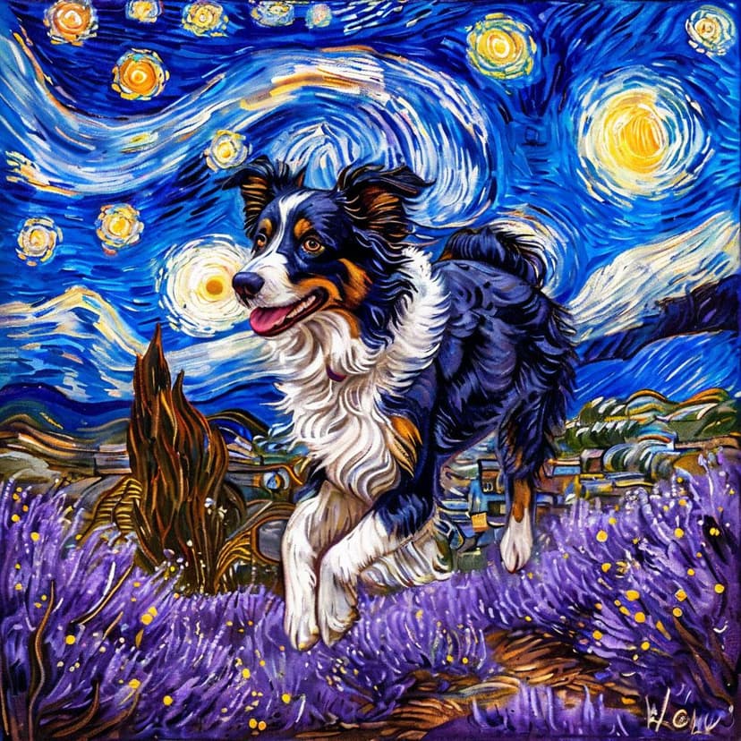 A border collie with swirling cosmos fur dashes through lavender