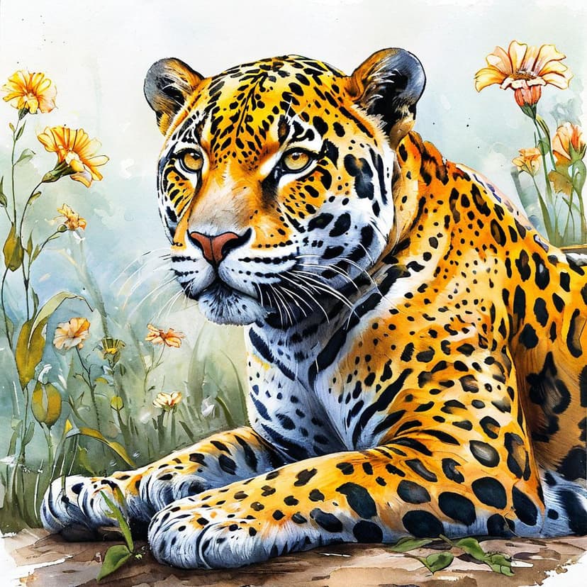 A gentle jaguar in soft watercolor hues
