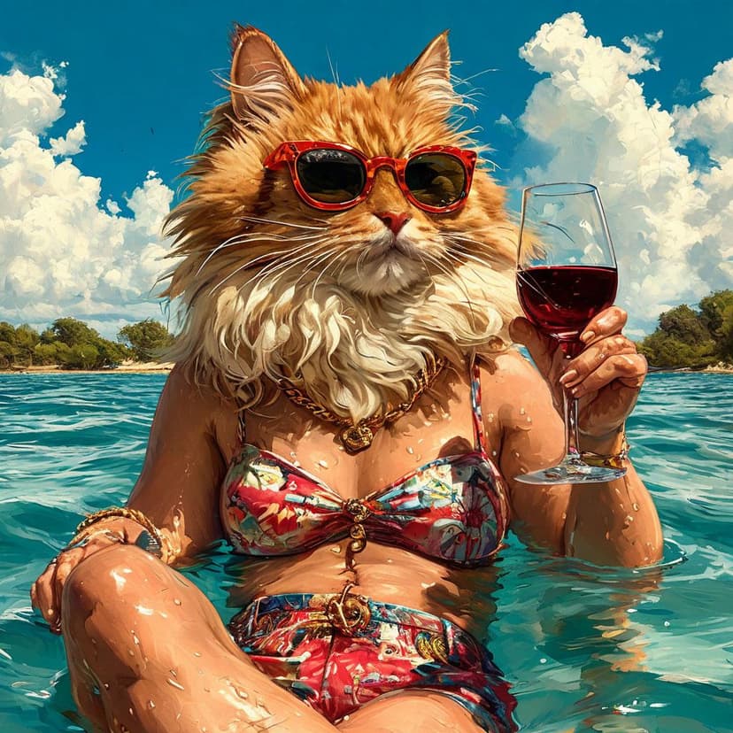 A fluffy feline in Gucci shades and shorts sips wine while floating under the sun
