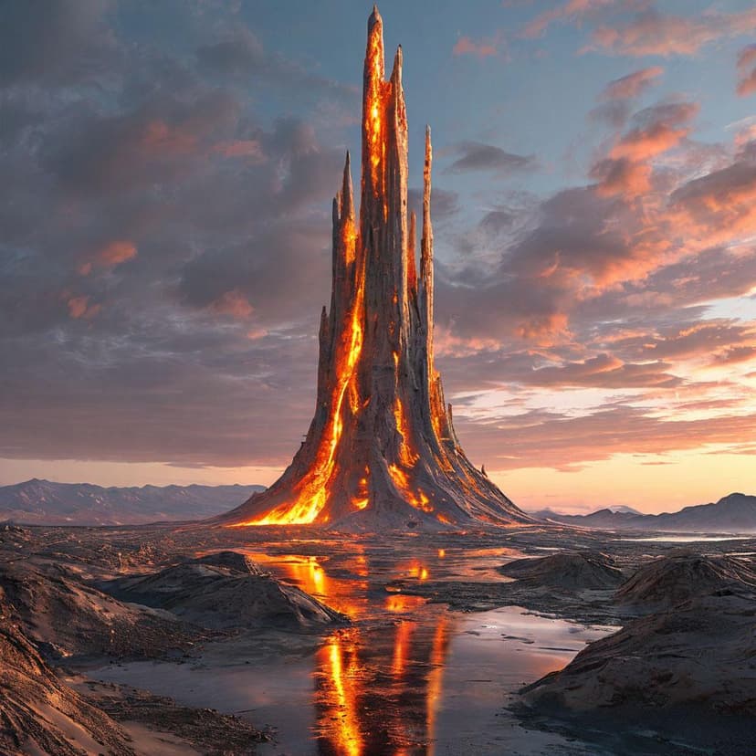 A brutalist spire glows molten against the Martian twilight