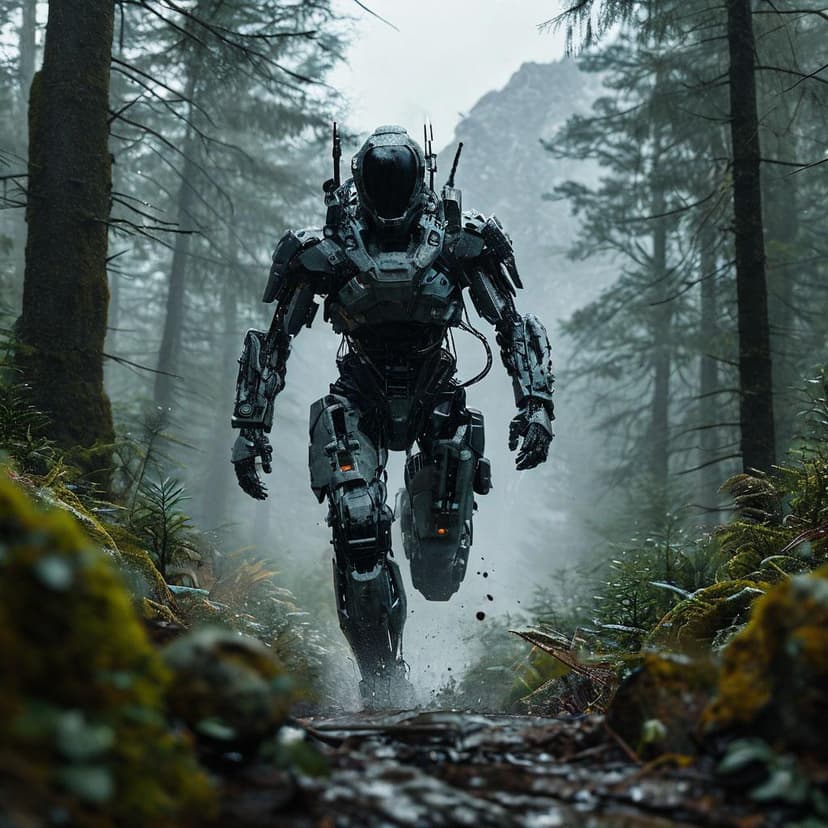 A cyborg in techwear races through misty woods