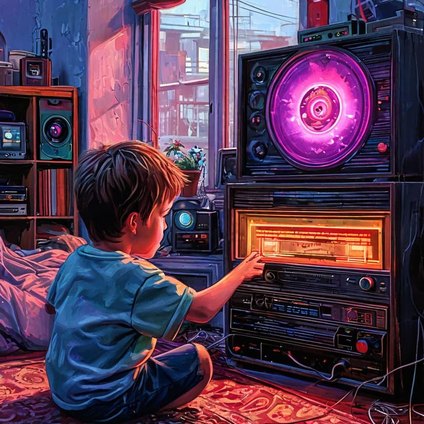 A boy reaches for the record button