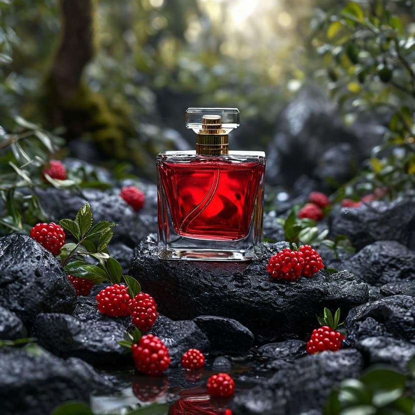 A hyper-realistic perfume bottle with red liquid rests on black rocks among berries in a soft-lit forest. Shot professionally on a Canon R5