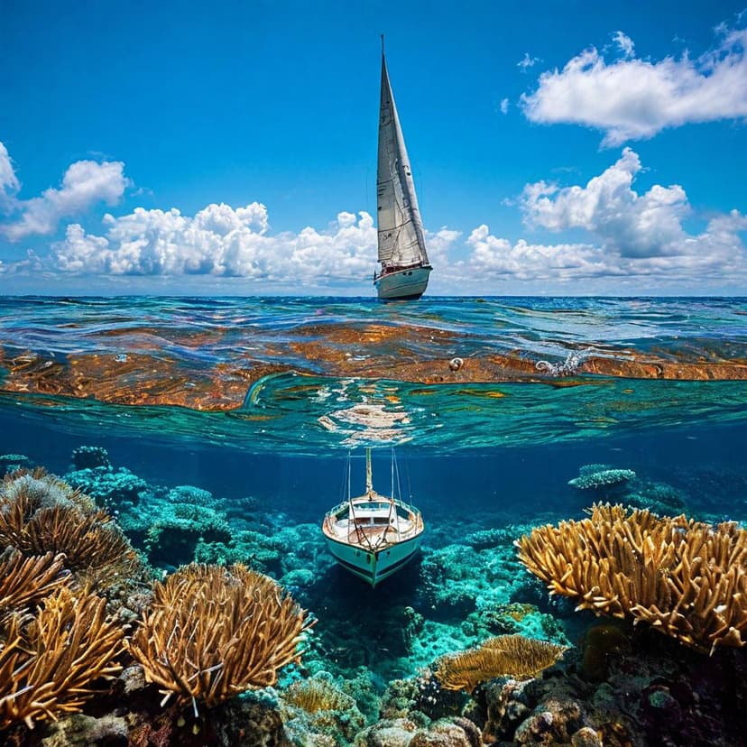 Award-winning shot by David Mohrbacher: a sailboat’s submerged hull glides over vibrant coral in crystal-clear waters under a sunny blue sky