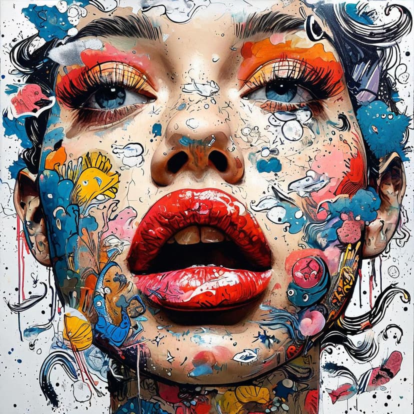 Bold ink collage: lips blow bubble worlds—graffiti clouds