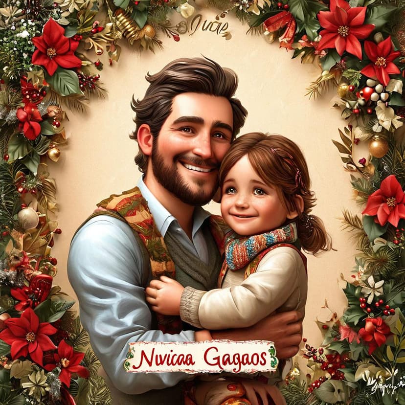 A smiling man holds a child in the festive 3D scene