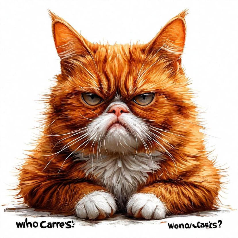 A grumpy orange cat on a white background