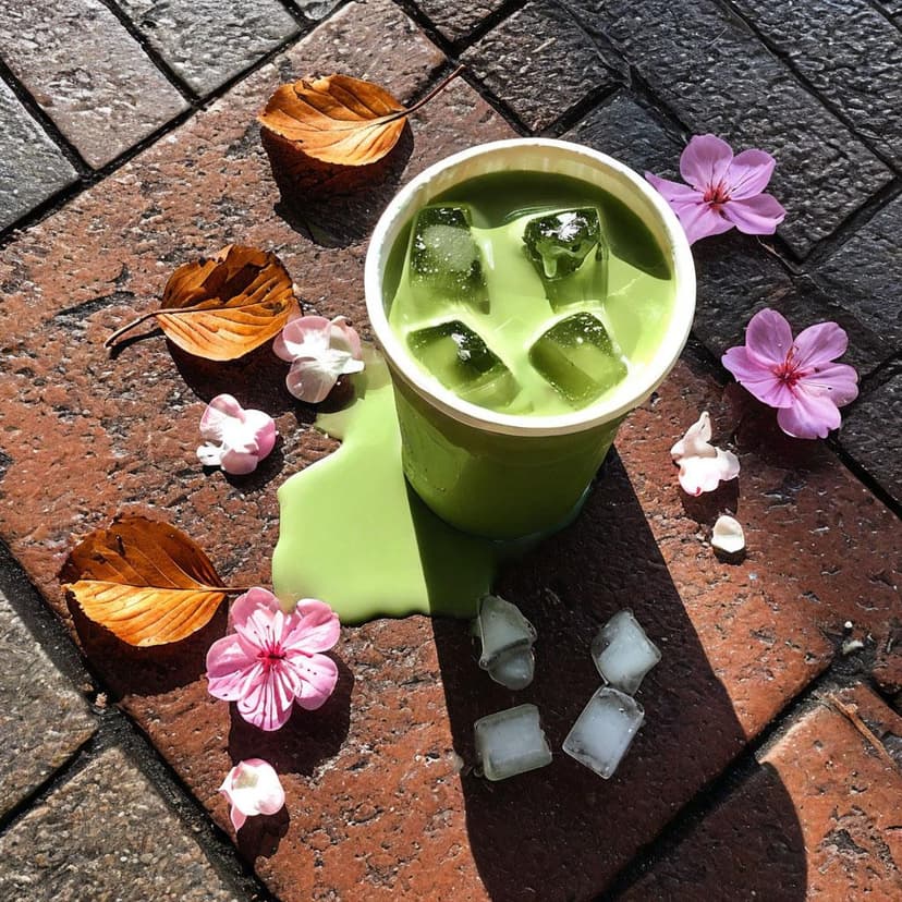 A spilled iced matcha latte stains a Tokyo sidewalk