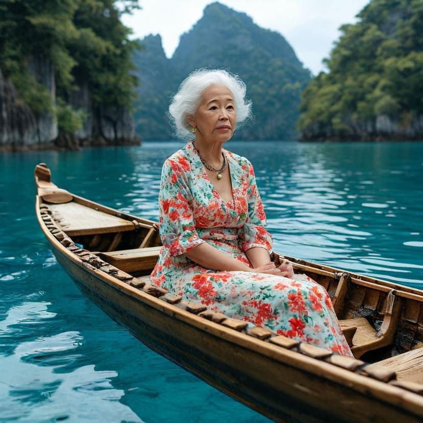 An elderly woman in a floral dress drifts in a wooden boat on clear blue water