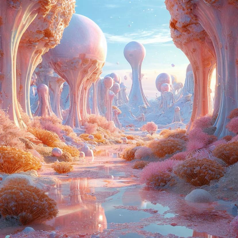 A soft alien world glows with pastel geometry and dreamy light
