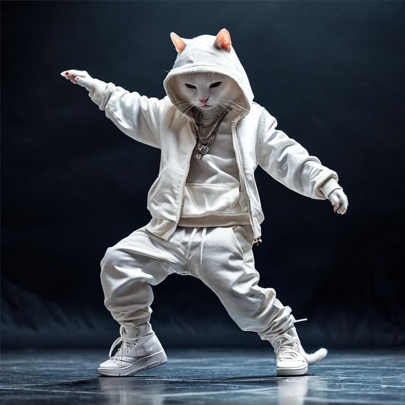 A sleek white cat in hip-hop gear strikes a cool dance pose against a dark backdrop