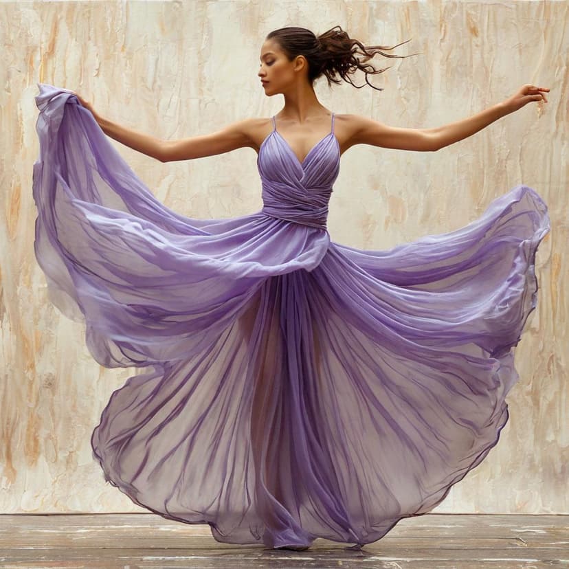 A modern dancer in flowing lavender silk creates elegant arcs against cream