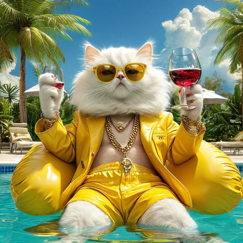 A fluffy white cat in yellow boxers and shades sips wine on a pool float