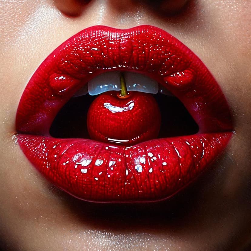 Une bouche entrouverte laissant voir une cerise luisante