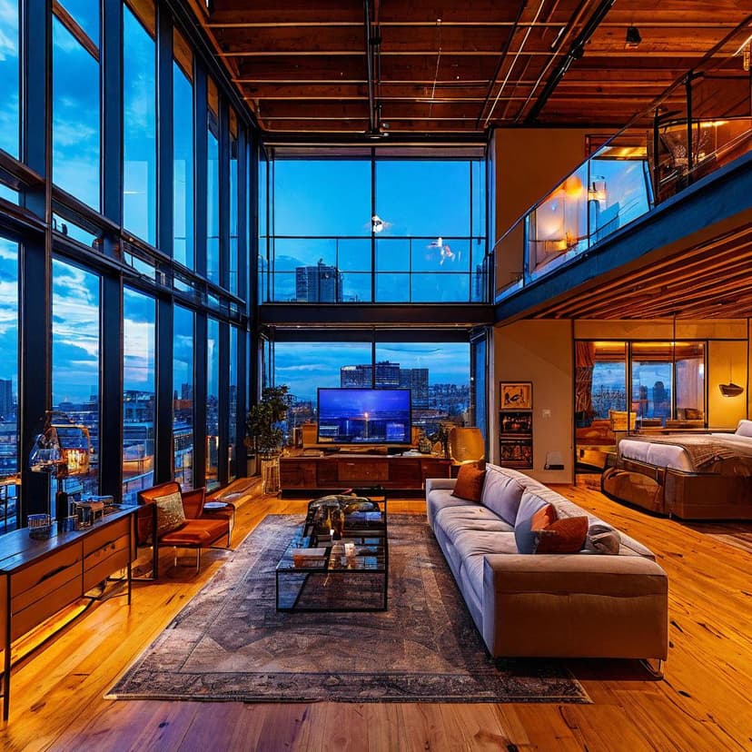 A cozy loft glows warmly at night. Downstairs