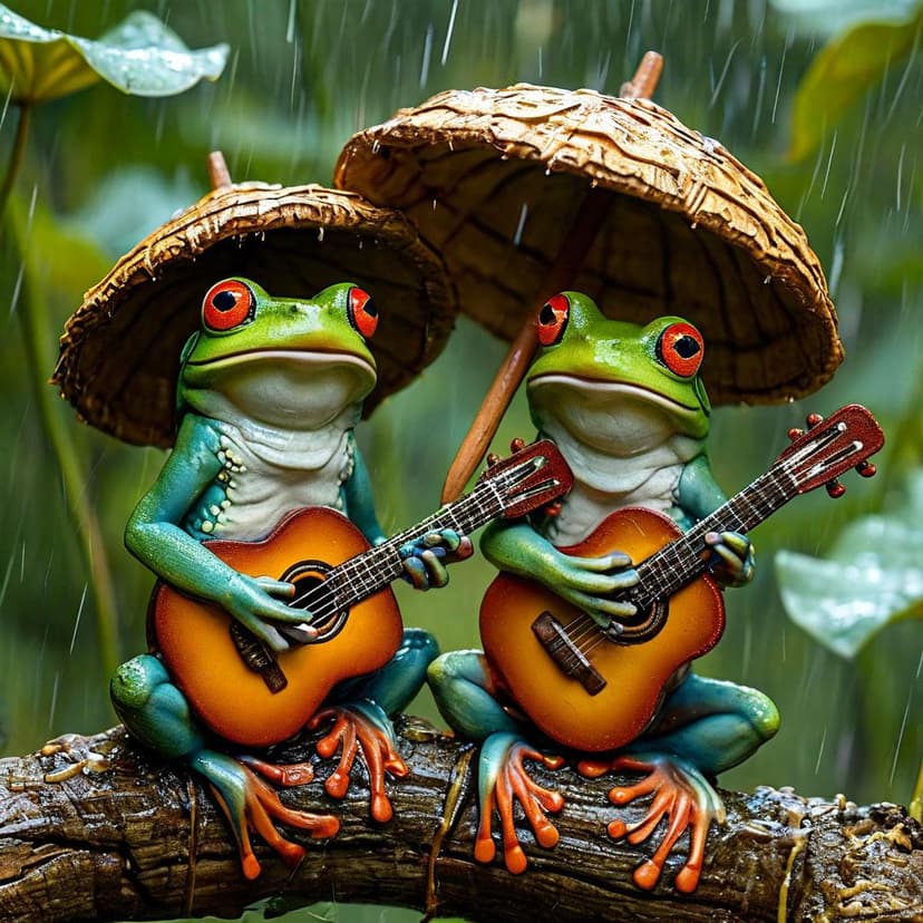 Two smiling tree frogs in straw hats perch on a stem; one strums a guitar as the other shelters with a lotus leaf umbrella in a cinematic jungle downpour