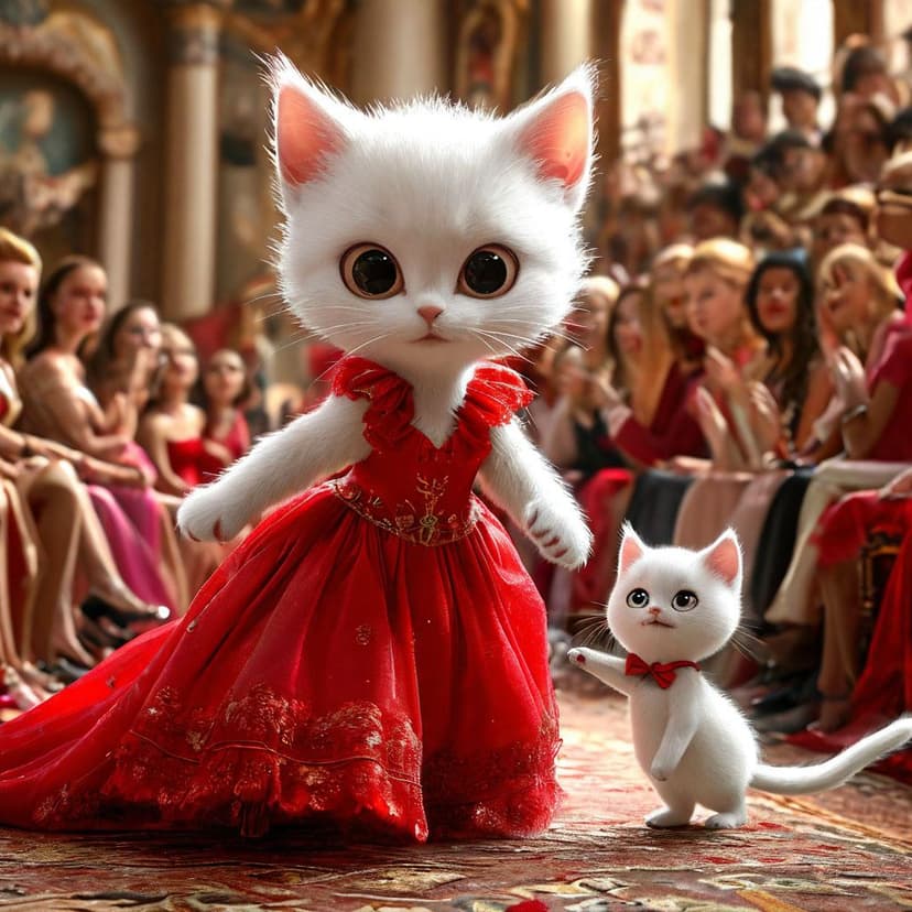A glamorous white cat in a red gown rushes to a tiny kitten in a matching dress on the runway