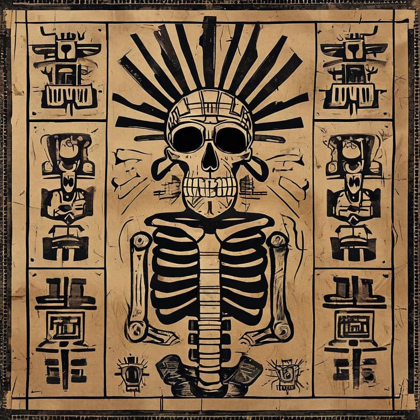 Ah Puch’s skeletal form in bold tribal lines