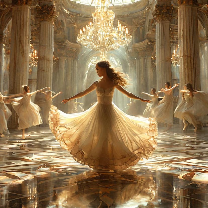 A lone dancer swirls in a marble ballroom of light