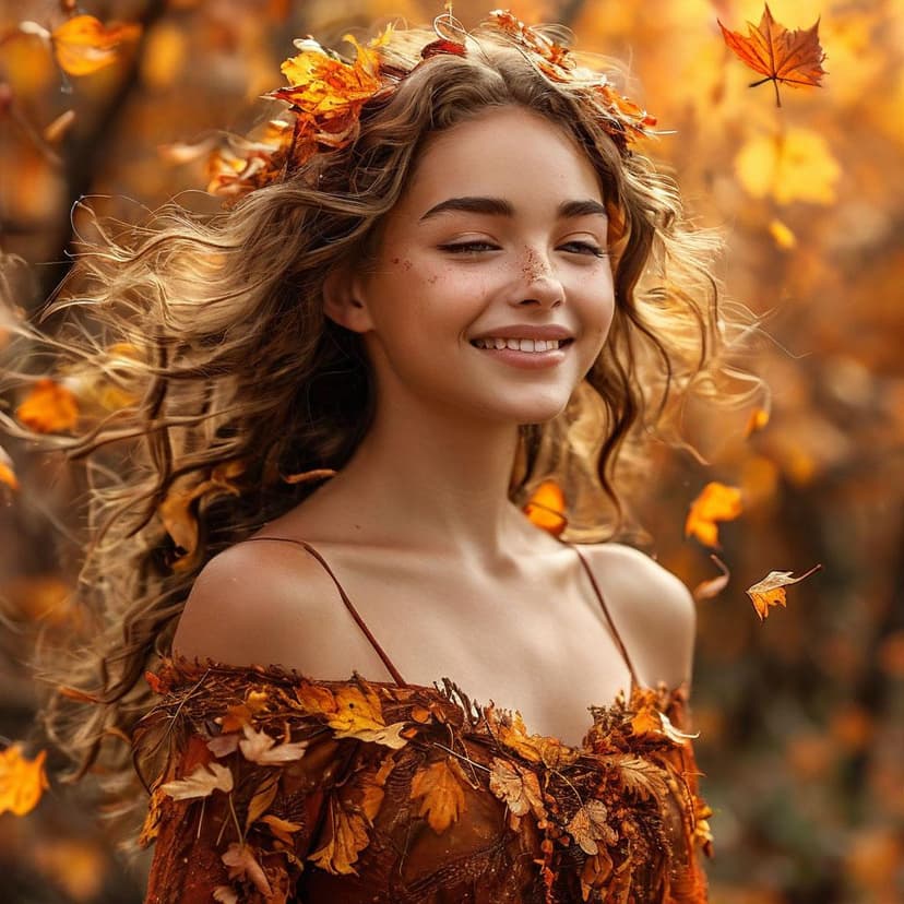 A feral girl of autumn leaves dances with wild grace