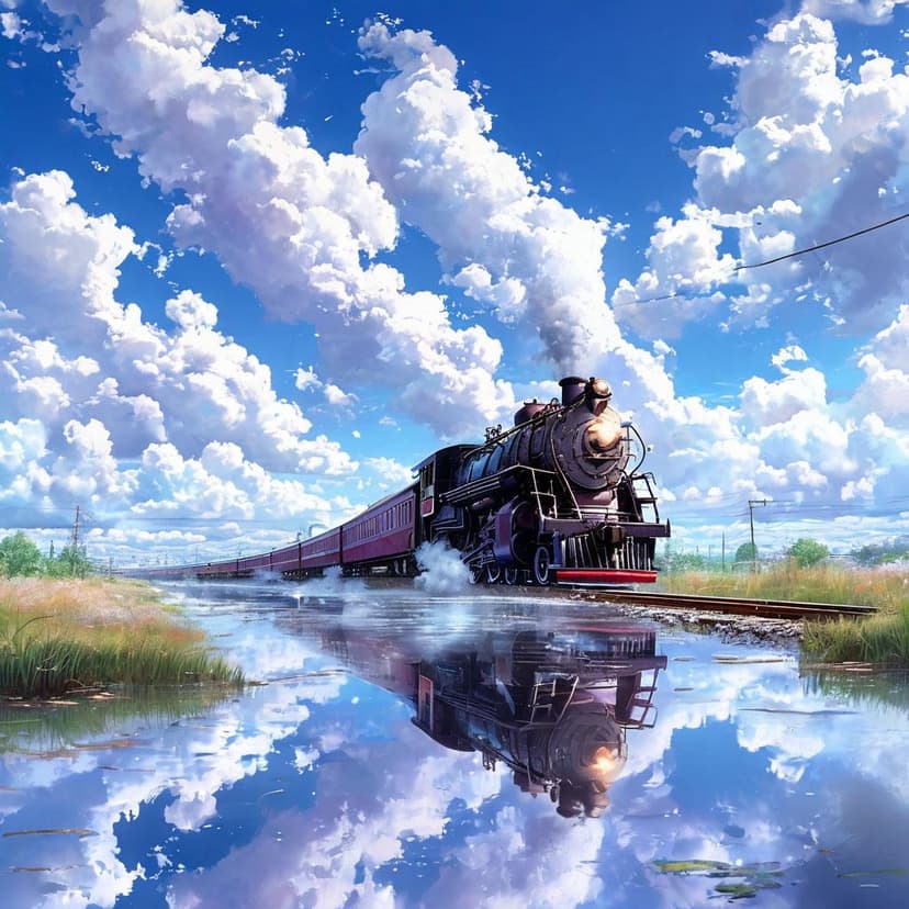 A vivid anime train soars through a sky of fluffy clouds