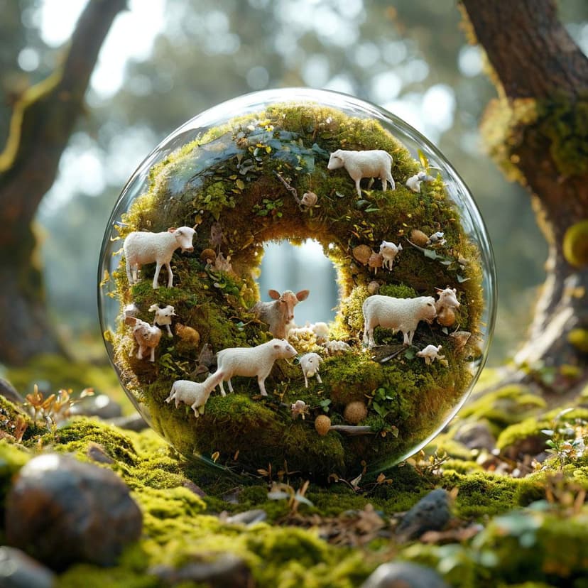 A photorealistic donut fragment floats in a capsule