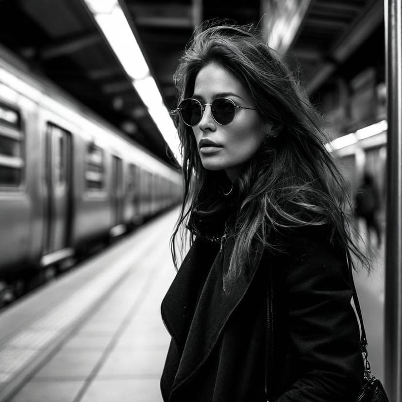 A chic woman in a black and white photo waits on a subway platform