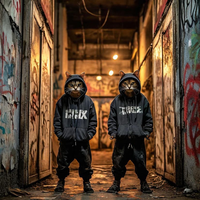 Grainy shot: angry cats in DMX hoodies press against a scratched Soviet door