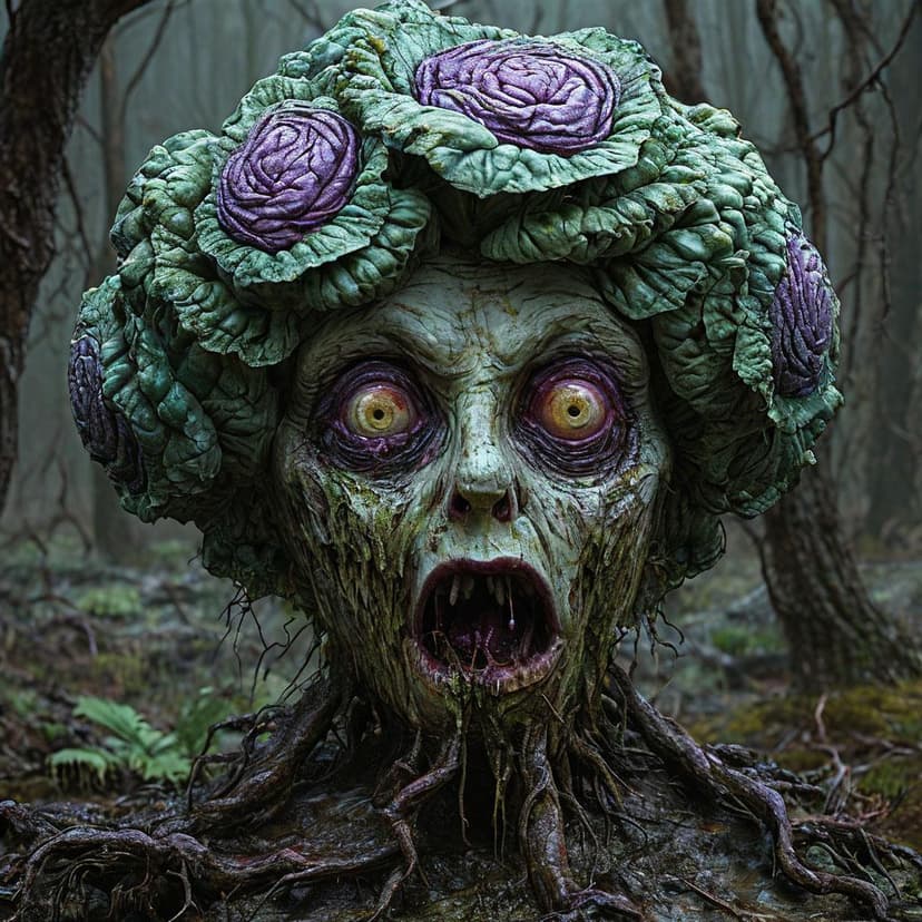 Award-winning folk horror: A grotesque cabbage head with brain-like leaves in pale green and bruised purple. Sunken eyes peer through twisted foliage