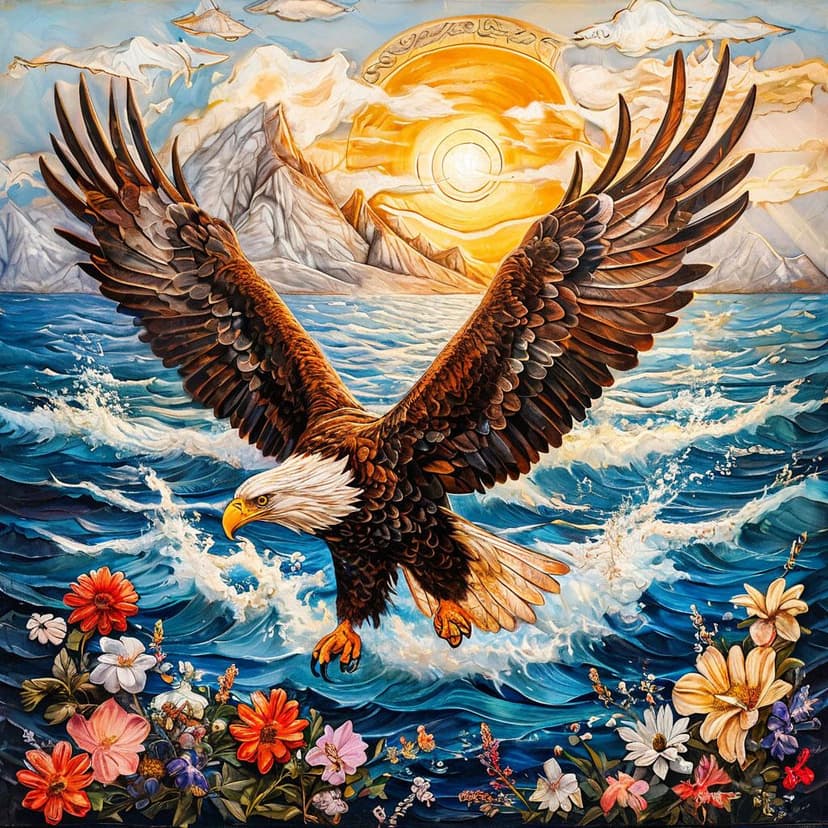 An eagle glides over a sunlit sea