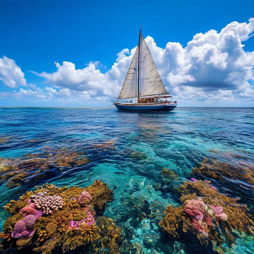 Award-winning shot: A sailboat’s hull drifts through vivid coral reefs beneath a brilliant blue sky