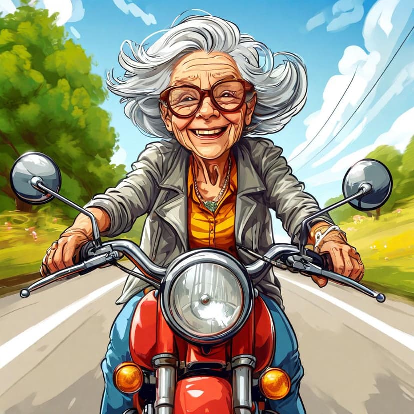 A silver-haired granny zooms on her motorcycle