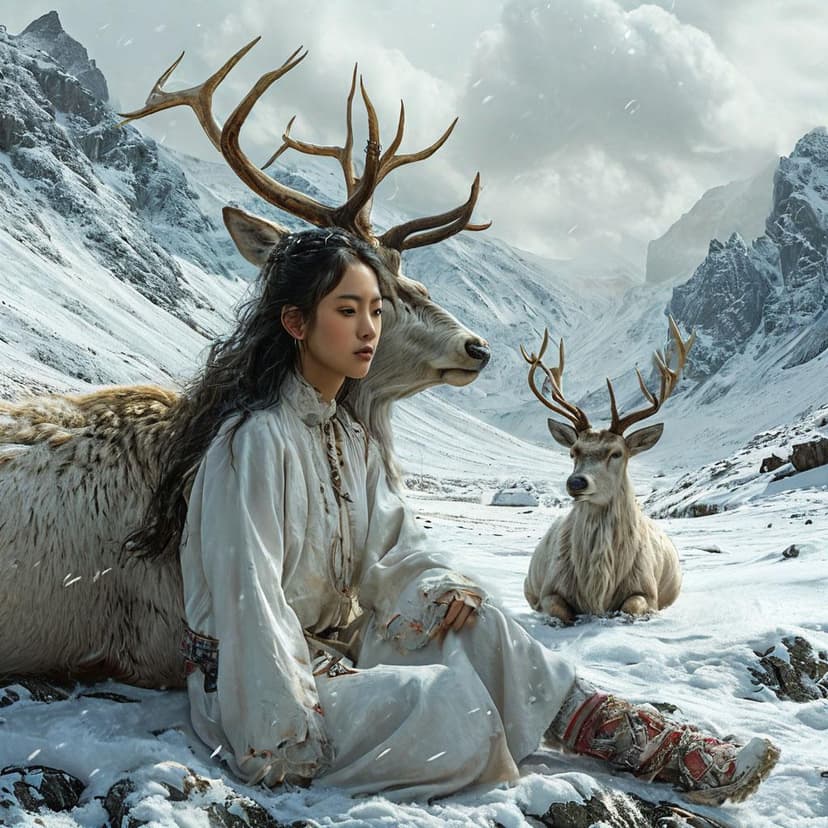 A young Asian woman in white rests against a colossal white deer in a stark