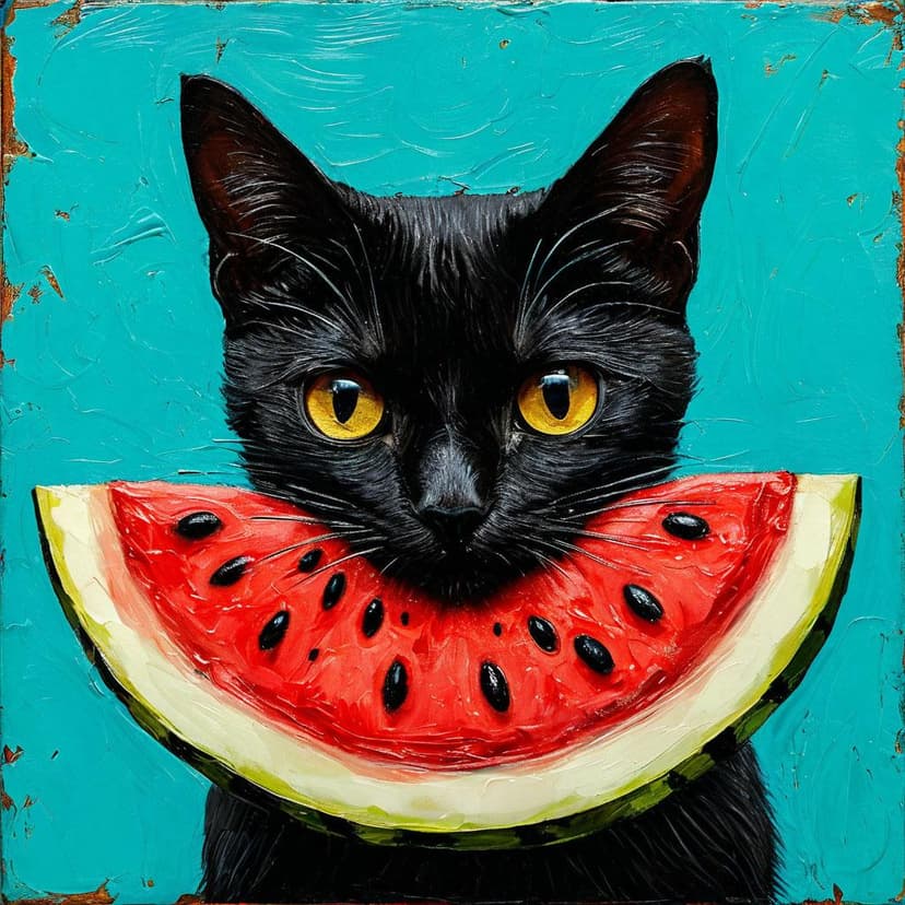 A sleek black cat peers from behind a juicy watermelon slice against a vibrant turquoise backdrop